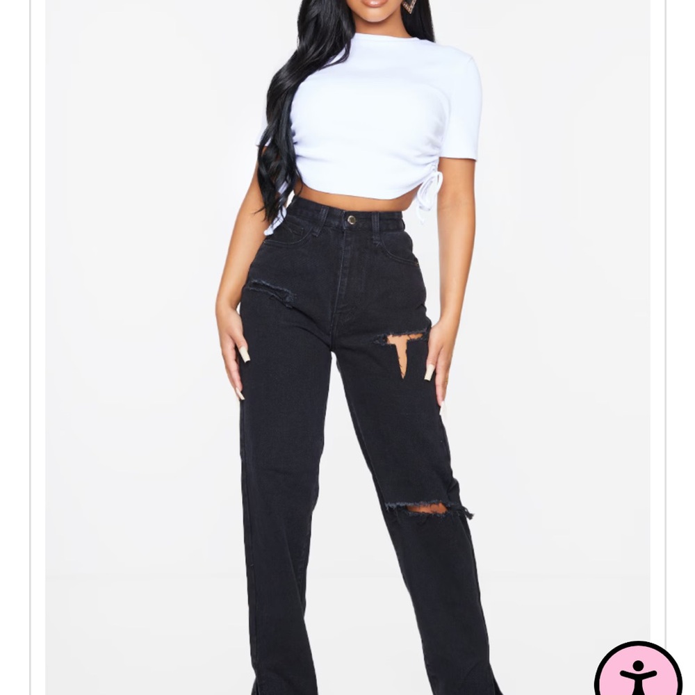 PrettyLittleThing Black Straight Leg Jeans High Waisted Distressed